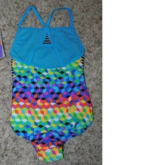 *Swimsuit Speedo sz 12 Black Stripes Blue 1 Pc Silicone Gripper Racerback Girls - Picture 3 of 3